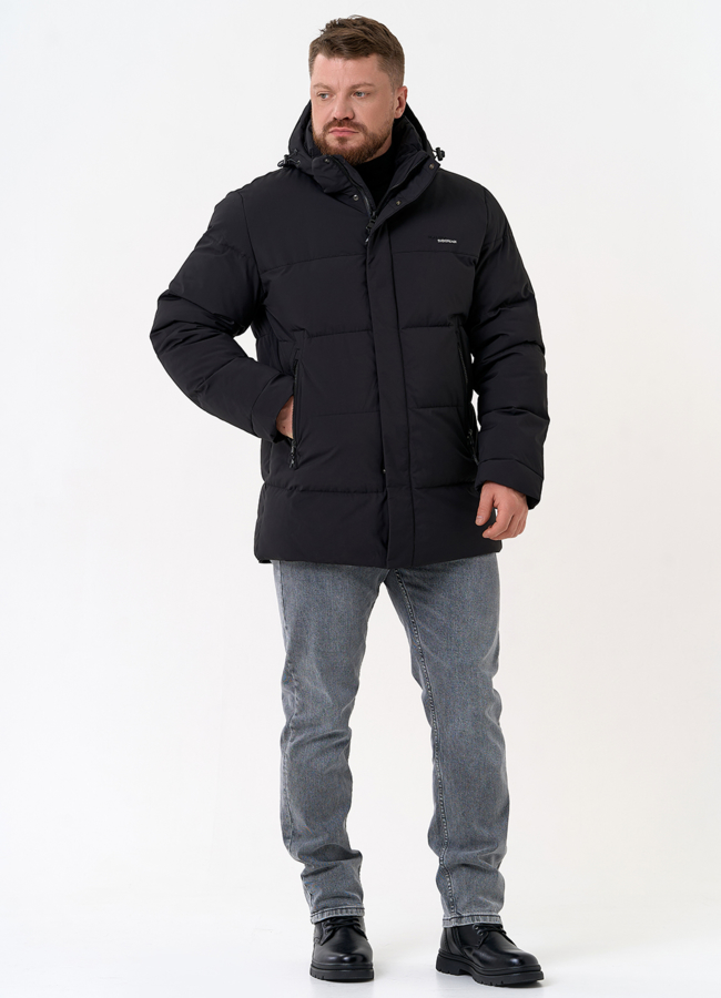 Мужской пуховик черного цвета с капюшоном модель № 31452 универмаг малина