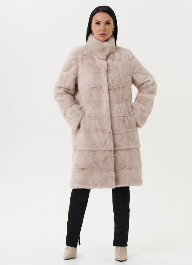 Светлая норковая шуба с воротником стойкой модель № 25399 в кредит