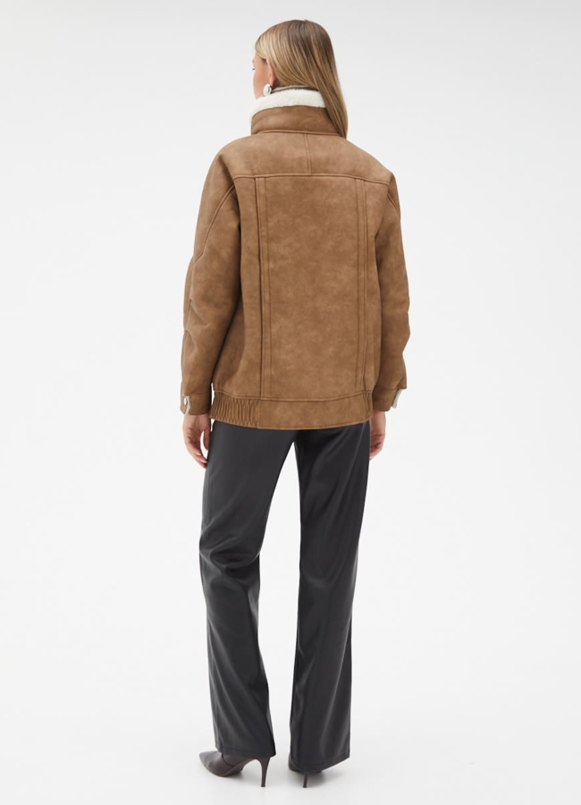 фото Женская дубленка из эко кожи с воротником стойкой модель № 32024