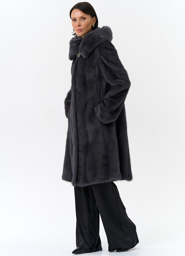 Норковая шуба годе/балетка в роспуск с капюшоном цвета графит модель № 27646 в рассрочку