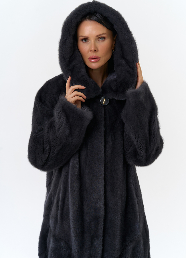 Женская шуба из норки силуэта баллон с капюшоном модель № 24750 универмаг малина