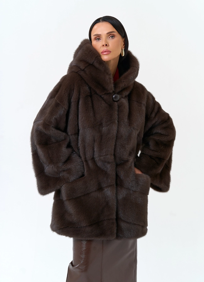 Женская шуба из меха норки с капюшоном модель № 34400 меха малина фото