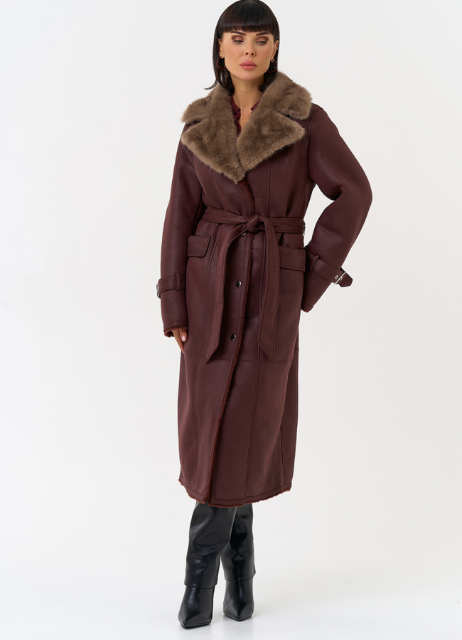 Женская дубленка из эко замши с английским воротником модель № 31511 в рассрочку