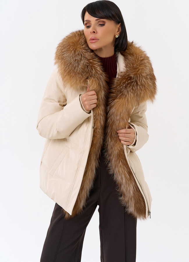 Женский пуховик из эко кожи с отделкой из натуральной лисы модель № 31946 универмаг малина