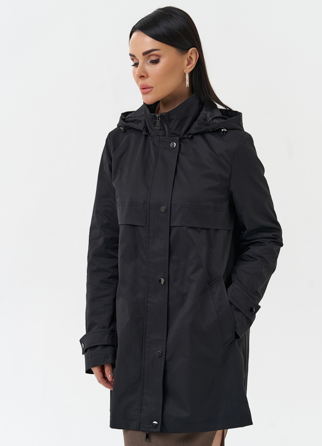 фото Плащ женский черного цвета с капюшоном модель № 30086