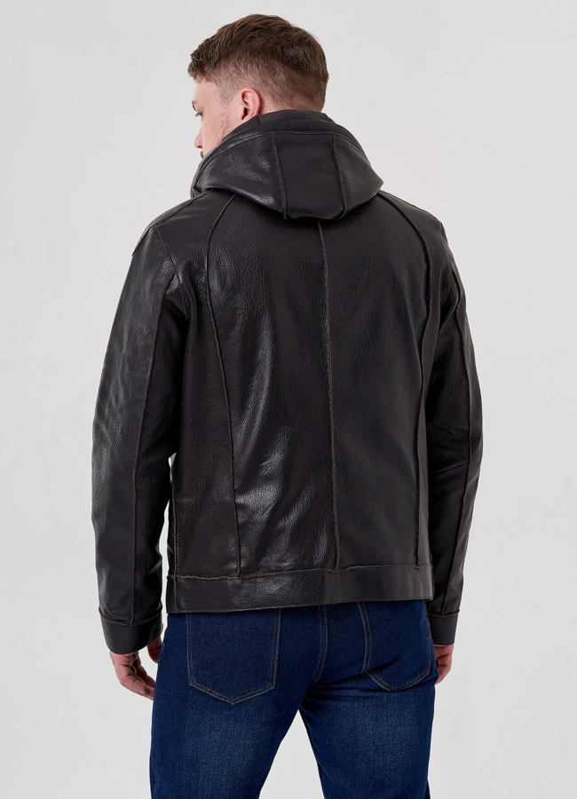 Мужская кожаная куртка с капюшоном модель № 24388 универмаг малина