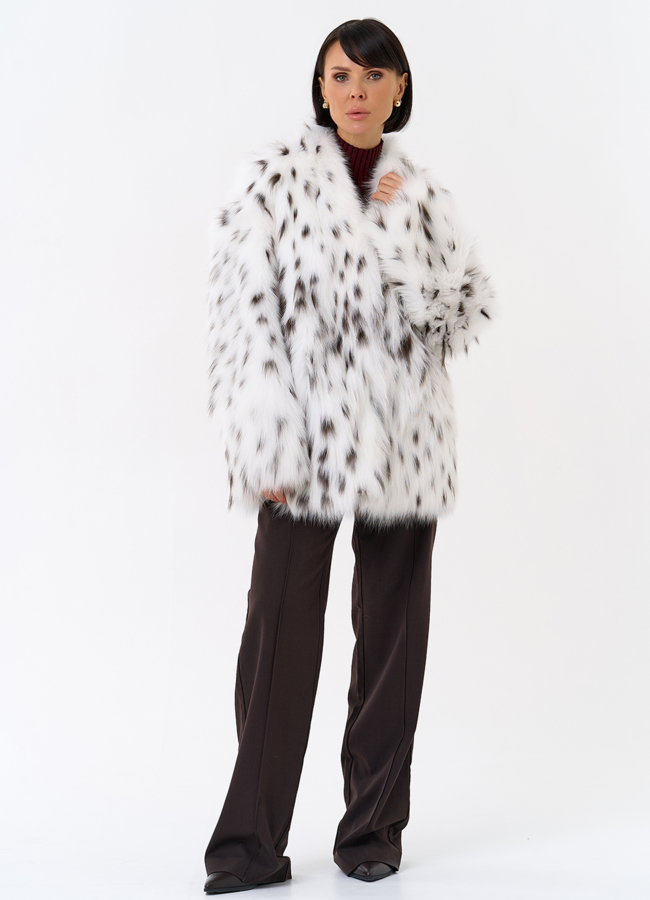 Шуба из лисы с инкрустацией под рысь модель № 31855 универмаг малина