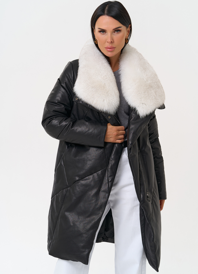 Пуховик из натуральной кожи с меховым воротником модель № 31370 универмаг малина