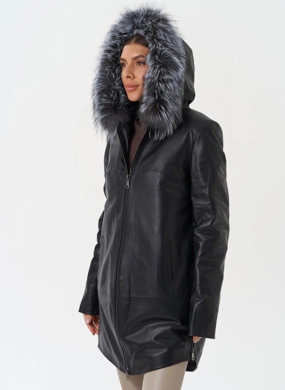 Утепленное полупальто из натуральной кожи с капюшоном 