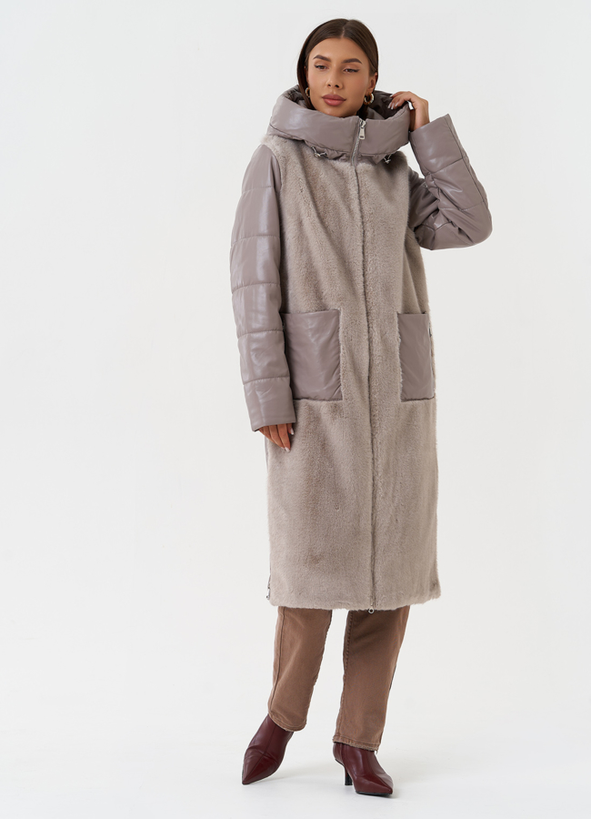 Комбинированный пуховик из эко кожи с капюшоном модель № 28518 в кредит