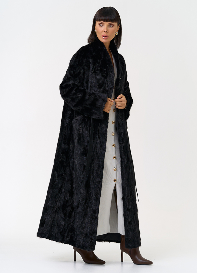 Длинная шуба из меха норки с поясом модель № 31294 универмаг малина