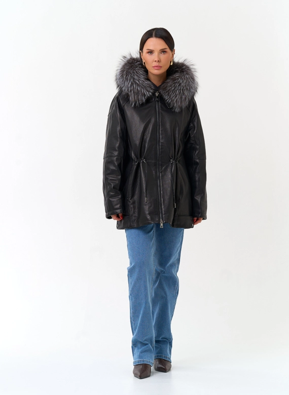 Женский пуховик из натуральной кожи с чернобуркой фото