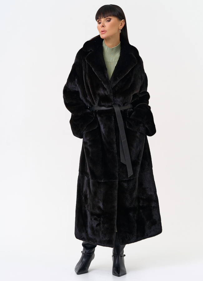 Длинная шуба из меха норки blackglama с поясом модель № 31636 универмаг малина