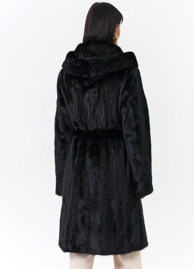 фото Шуба из норки черного цвета с капюшоном  модель № 26287