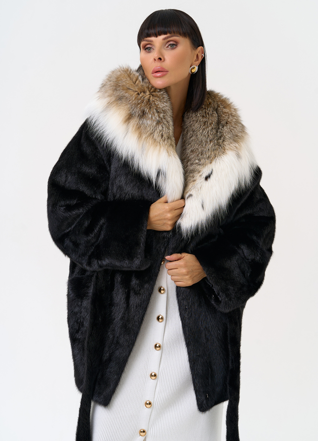 Женская шуба из меха норки с капюшоном из меха рыси модель № 31376 универмаг малина