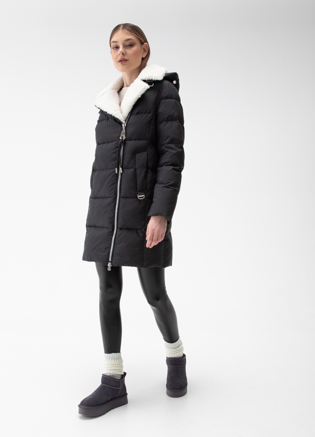 фото Комбинированный женский пуховик с капюшоном модель № 28392