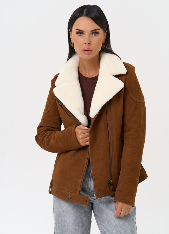 Косуха из натуральной замши с мехом модель № 31365 меха малина