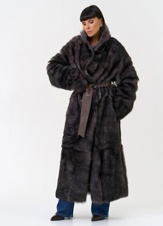 Женская двухсторонняя дубленка с поясом модель № 31616 универмаг малина