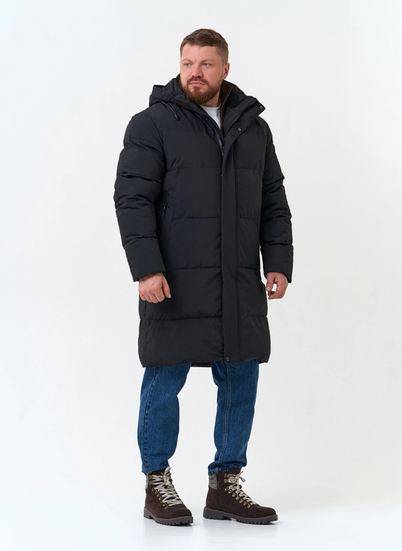 Удлиненный мужской пуховик с капюшоном фото