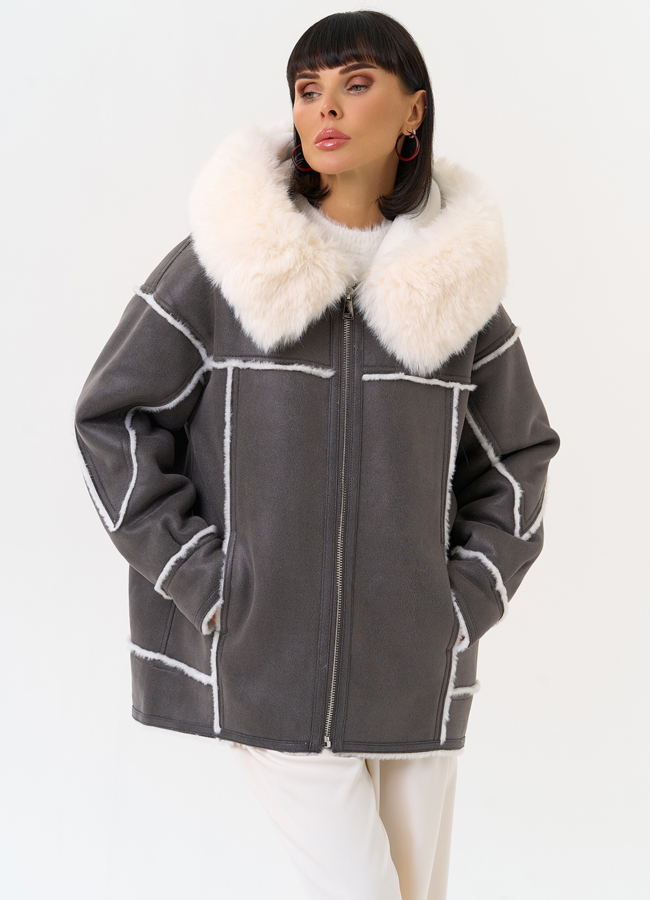 Женская дубленка из эко замши с капюшоном из эко меха модель № 31505 меха малина