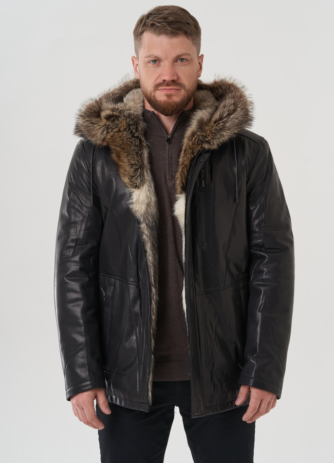 Мужская куртка с капюшоном на мехе из волка модель № 82262 меха малина
