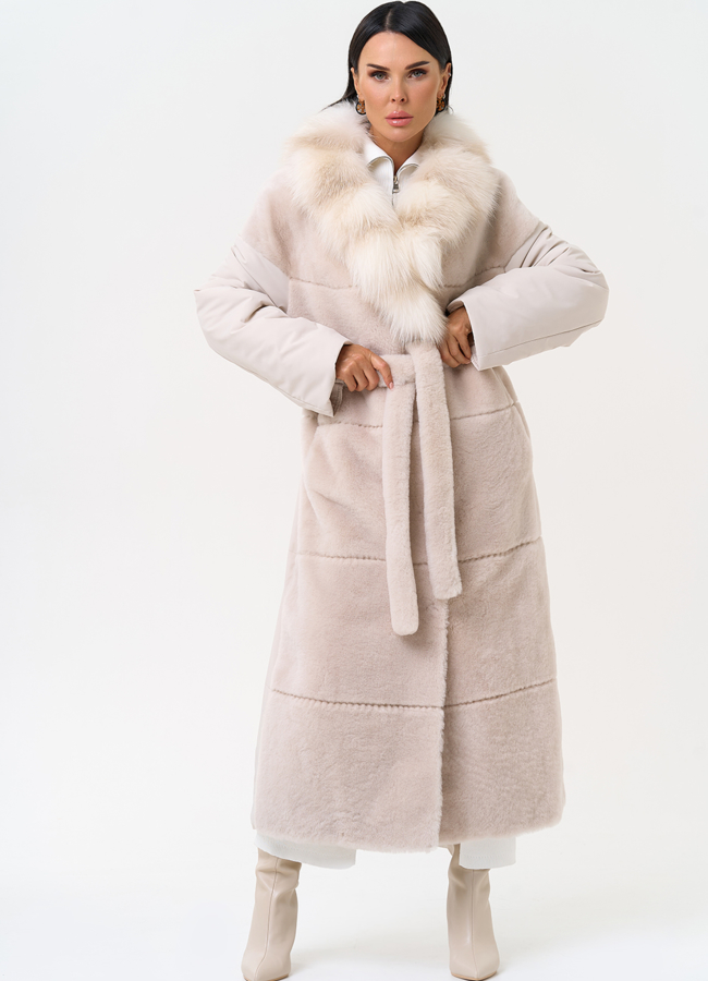 Комбинированное женское пальто из меха овчины с поясом модель № 31401 универмаг малина