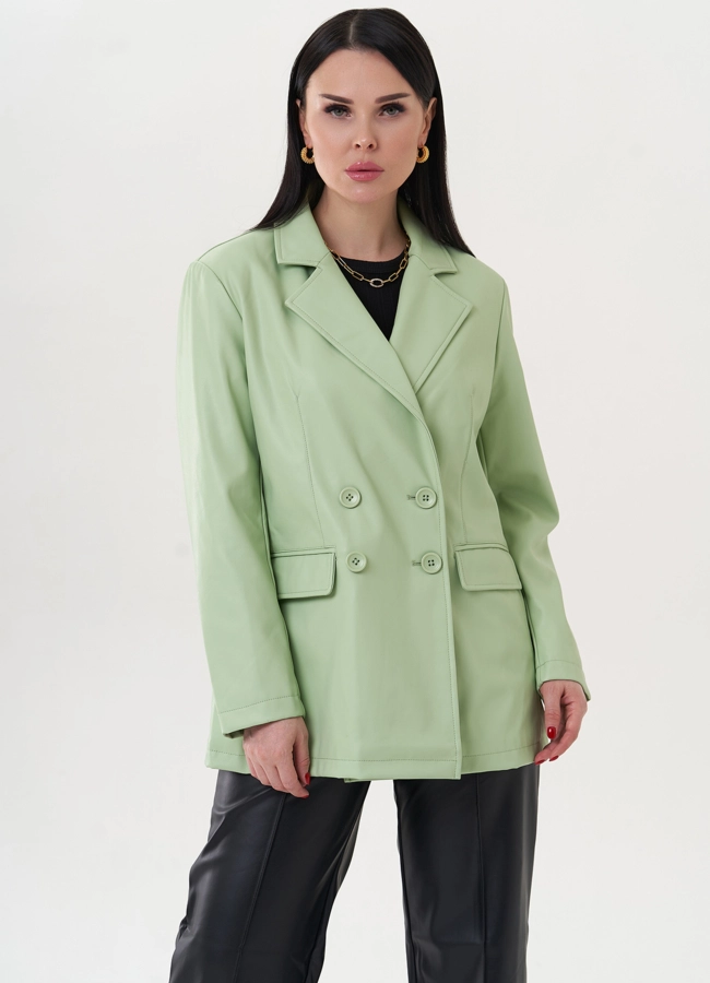 Пиджак из эко кожи с английским воротником модель № 26744 меха малина