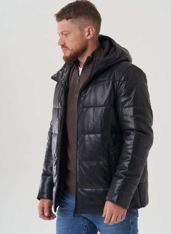 Пуховик мужской из эко кожи с капюшоном 