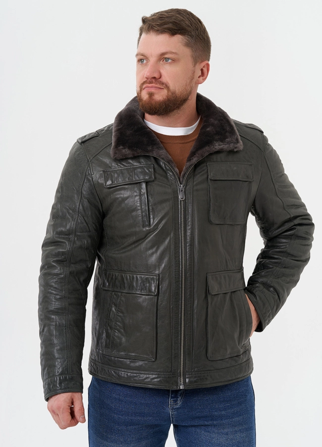 Мужская утепленная кожаная куртка  модель № 28074 универмаг малина