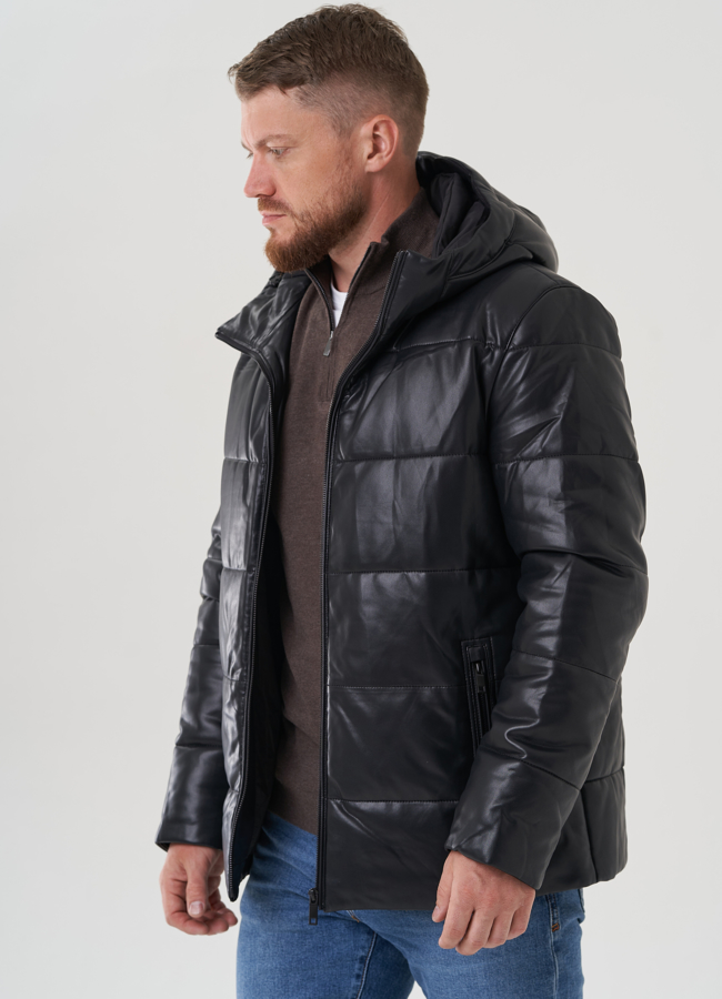 Пуховик мужской из эко кожи с капюшоном  модель № 81843 универмаг малина